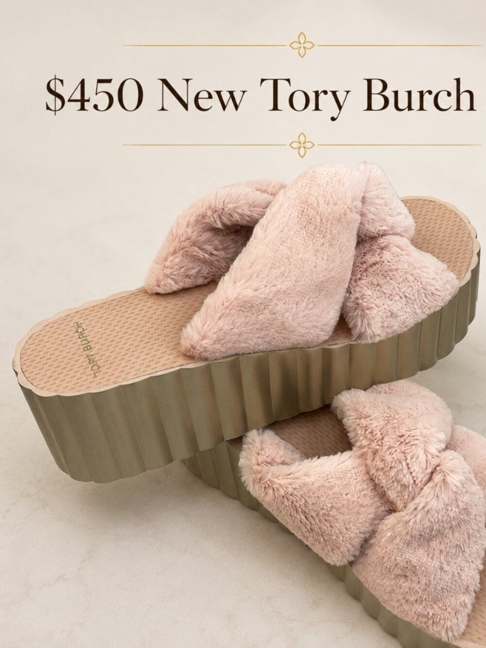 $450 New, Authentic TORY BURCH Pink Faux Fur Platform Slippers US 10 Slides